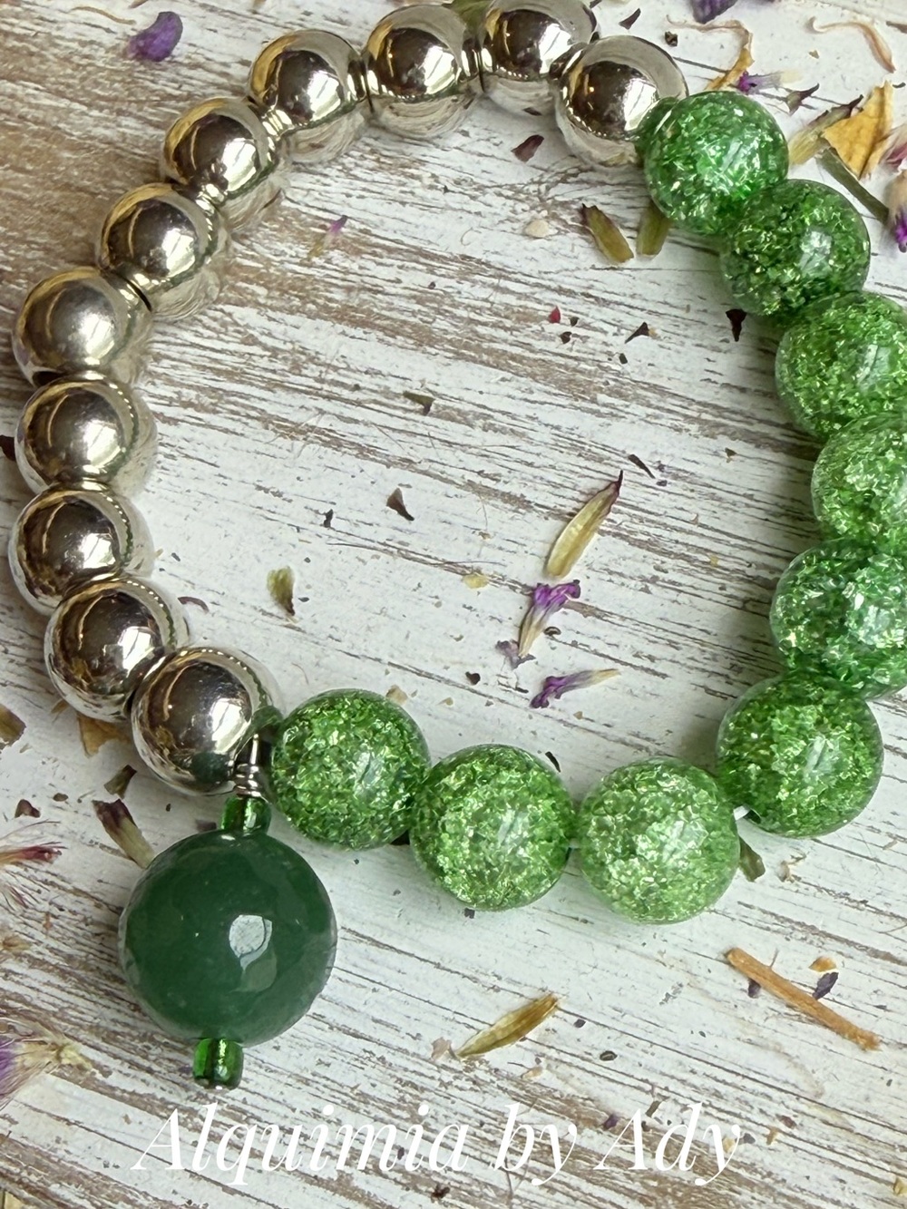 GHOST QUARTZ AND JADE + CHUNKY + Green Sparkle and Silver Bead Bracelet